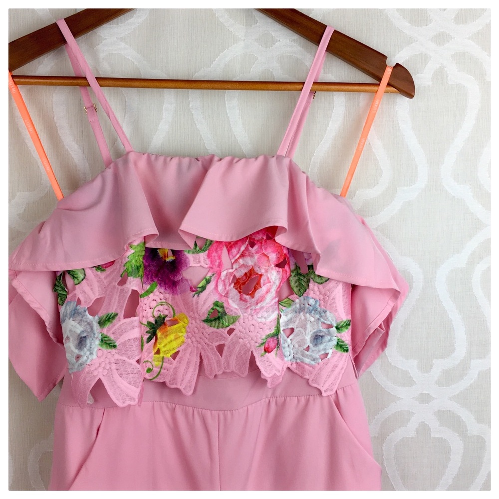 *CLEARANCE* Rose Pink & Floral Off Shoulder Romper - Picture 2 of 8
